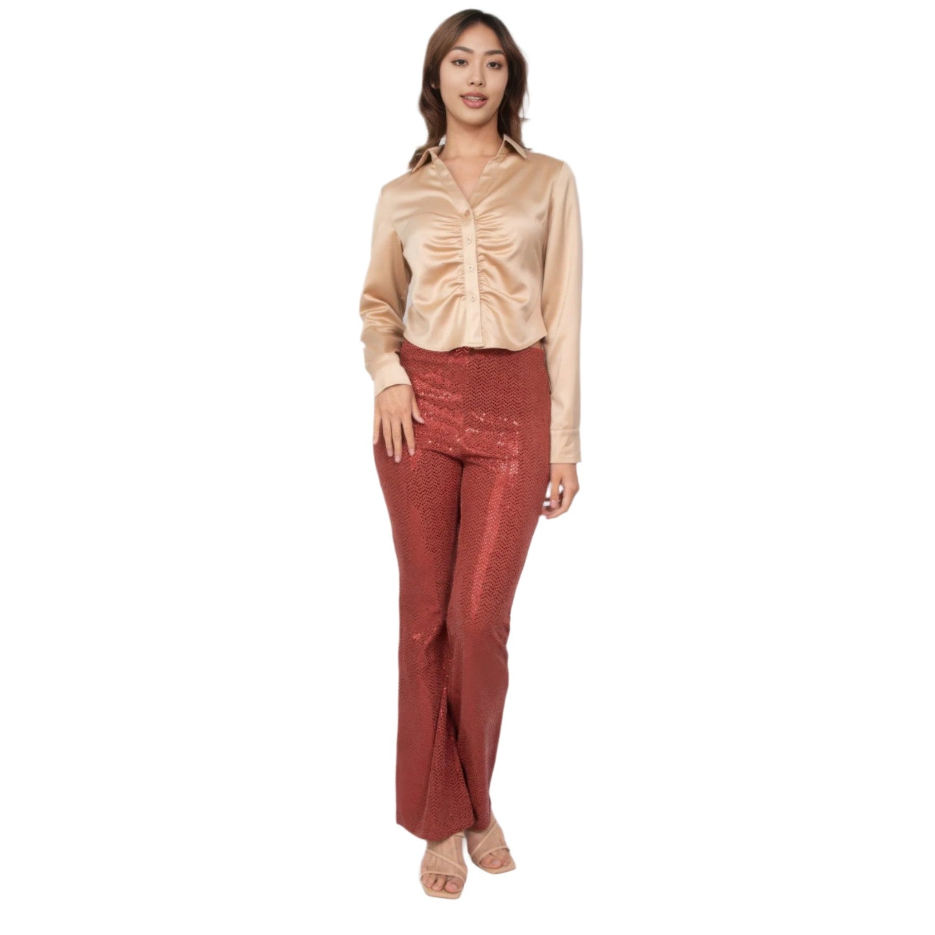 VacationGrabs women's sequined fit and flare pants clubwear in rose gold styled with beige satin blouse