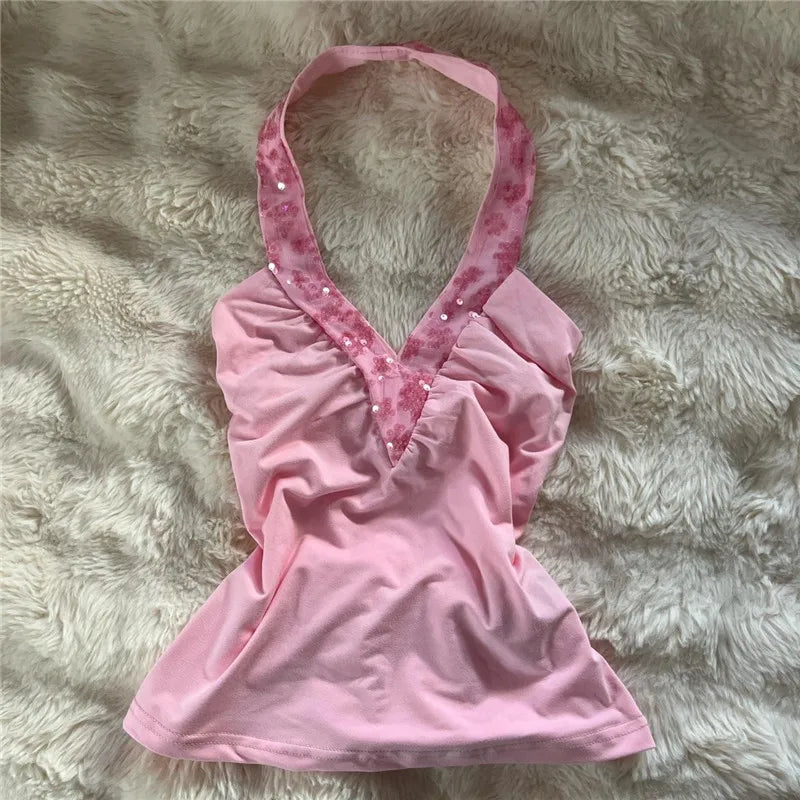 Women's pink sequined top with a flattering V-neck design