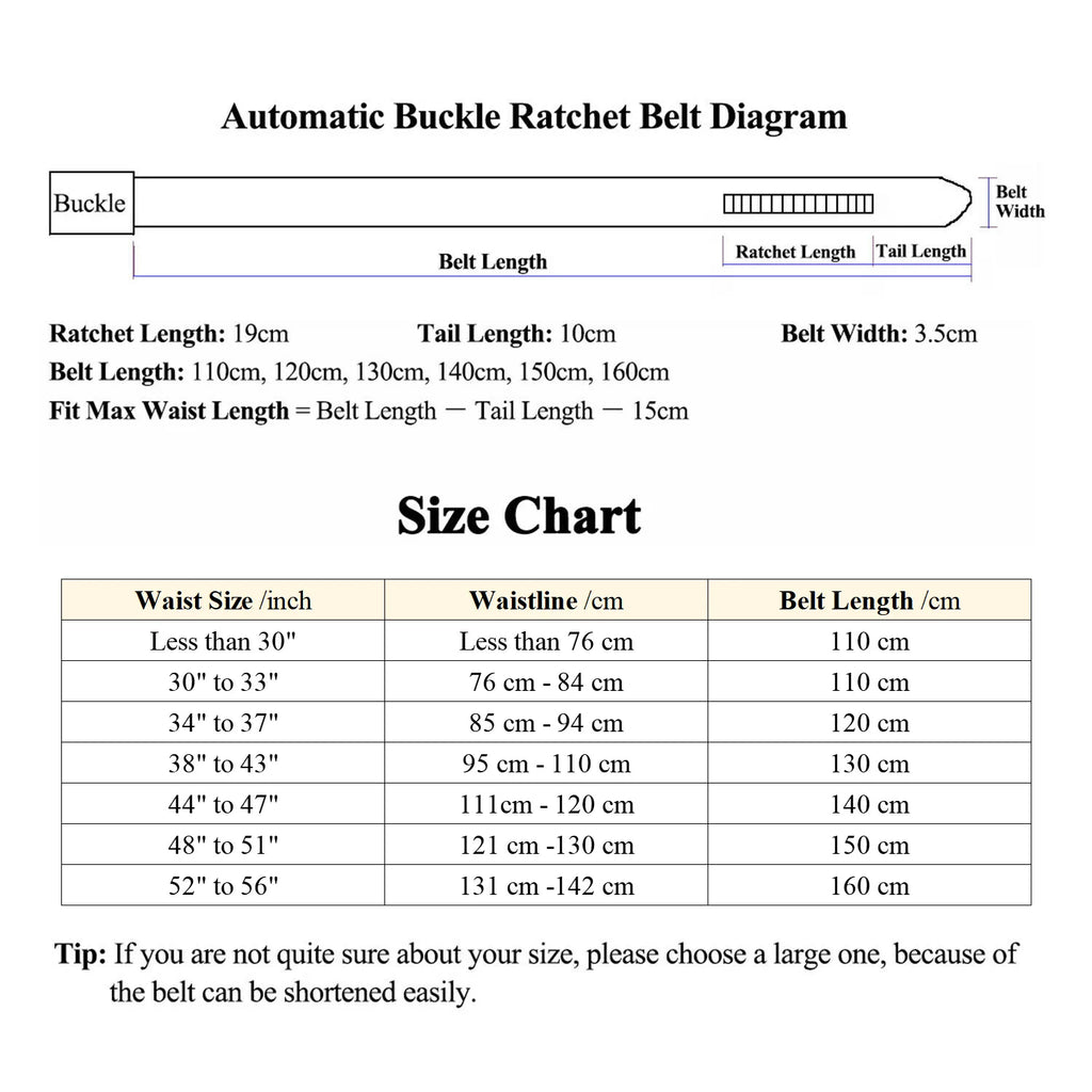 Automatic buckle ratchet belt diagram with size chart for serpentine belt replacement