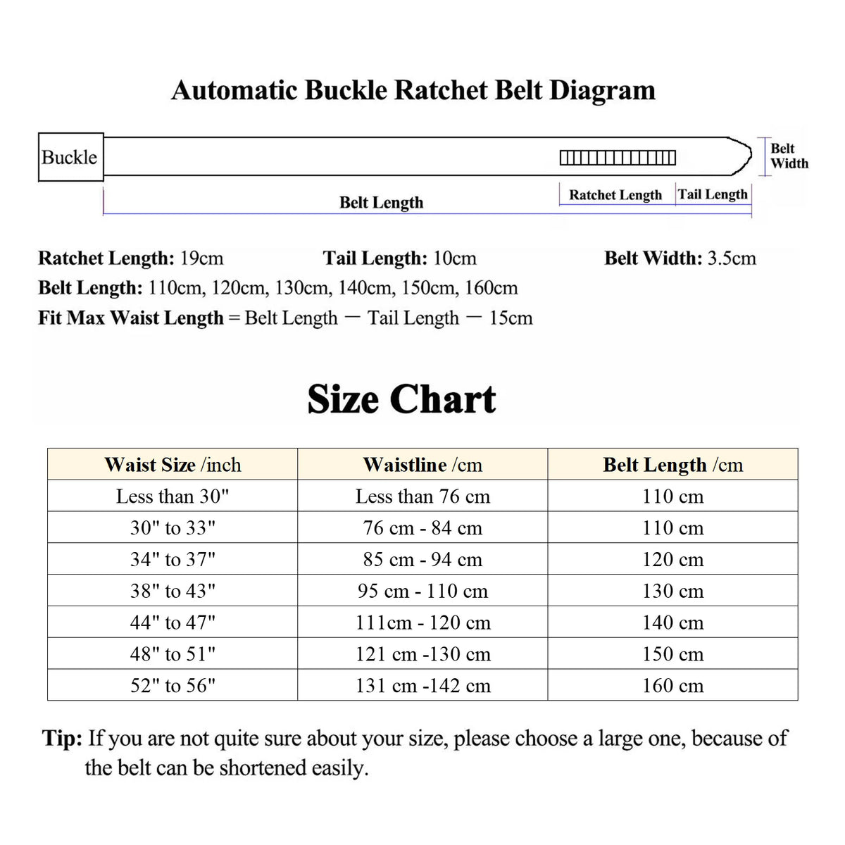 Automatic buckle ratchet belt diagram with size chart for serpentine belt replacement