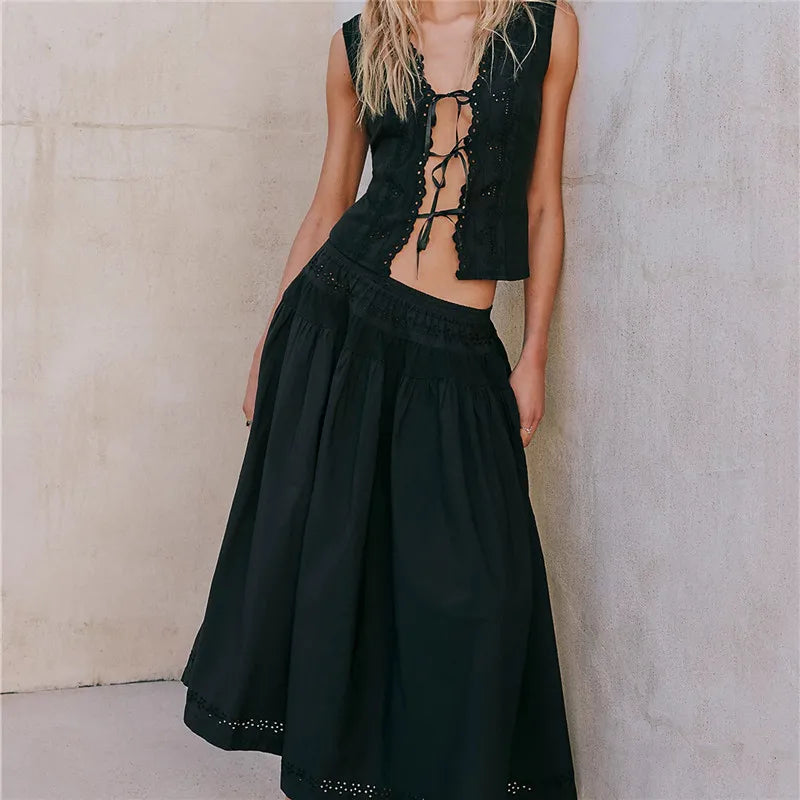 Women's black cotton set skirt and top for stylish summer outings