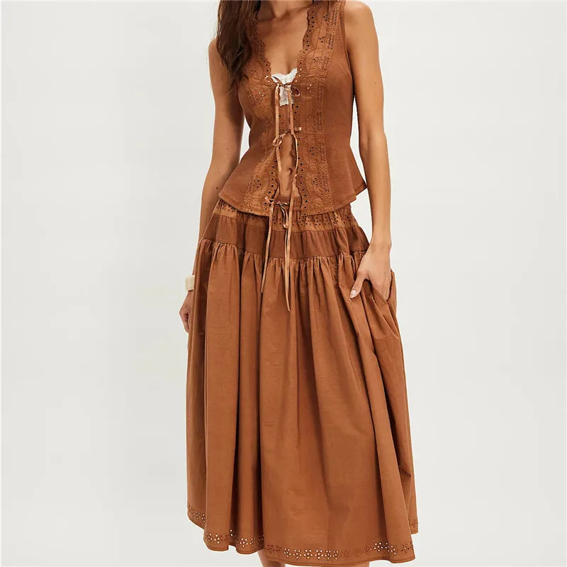 Brown women's outfit set skirt with lace detailing, perfect for summer outings