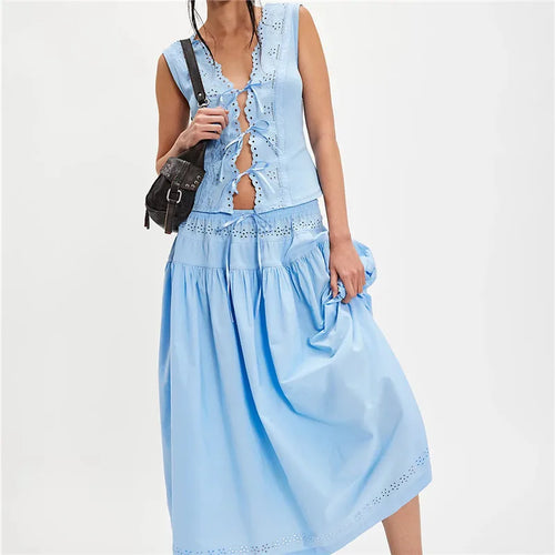 Women's light blue set skirt with stylish eyelet detailing for summer outings