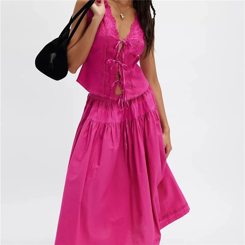 Women's pink set skirt outfit, perfect for summer outings