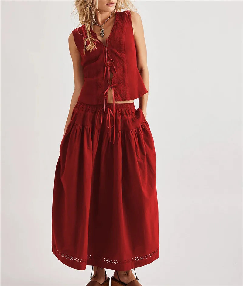 Red women's outfit set skirt with a flowy design for casual wear