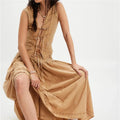 Women's tan set skirt outfit for summer vacations.