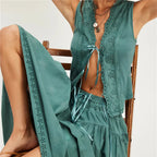 Women's teal set skirt with embroidered details for summer casual wear