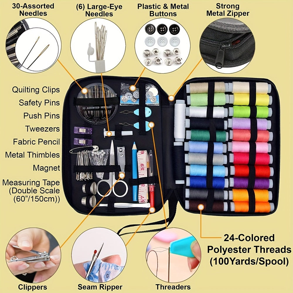 Sewing kit with assorted needles, colorful threads, and tools for crafting