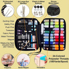 Sewing kit with assorted needles, colorful threads, and tools for crafting