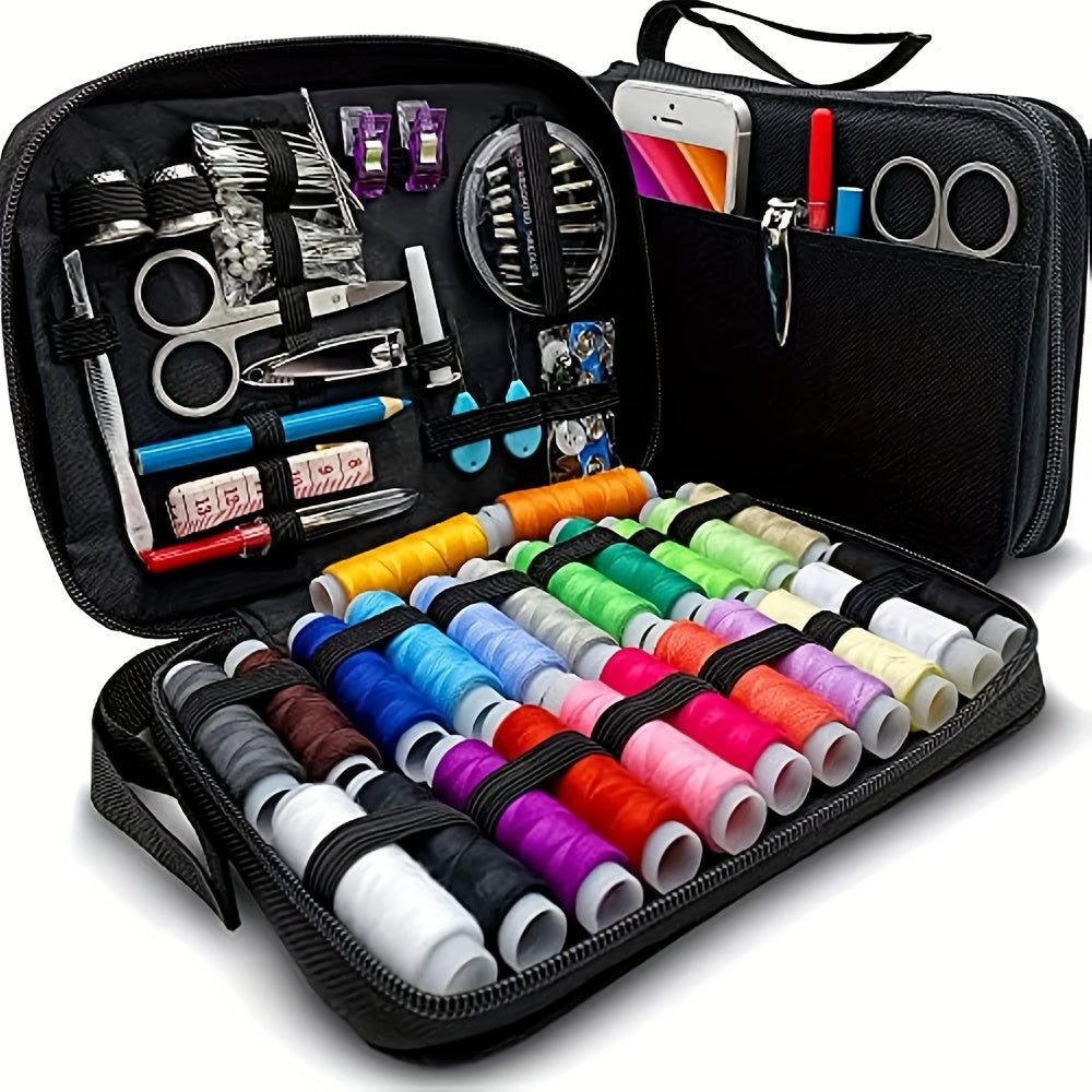 Black sewing kit with colorful threads, scissors, and accessories for crafting