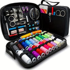 Black sewing kit with colorful threads, scissors, and accessories for crafting