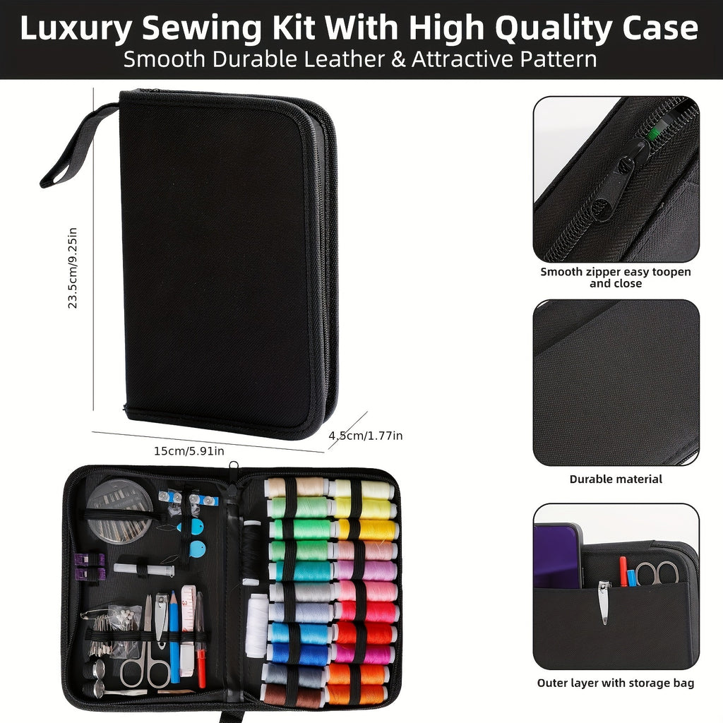 Luxury sewing kit in black leather case for easy repairs