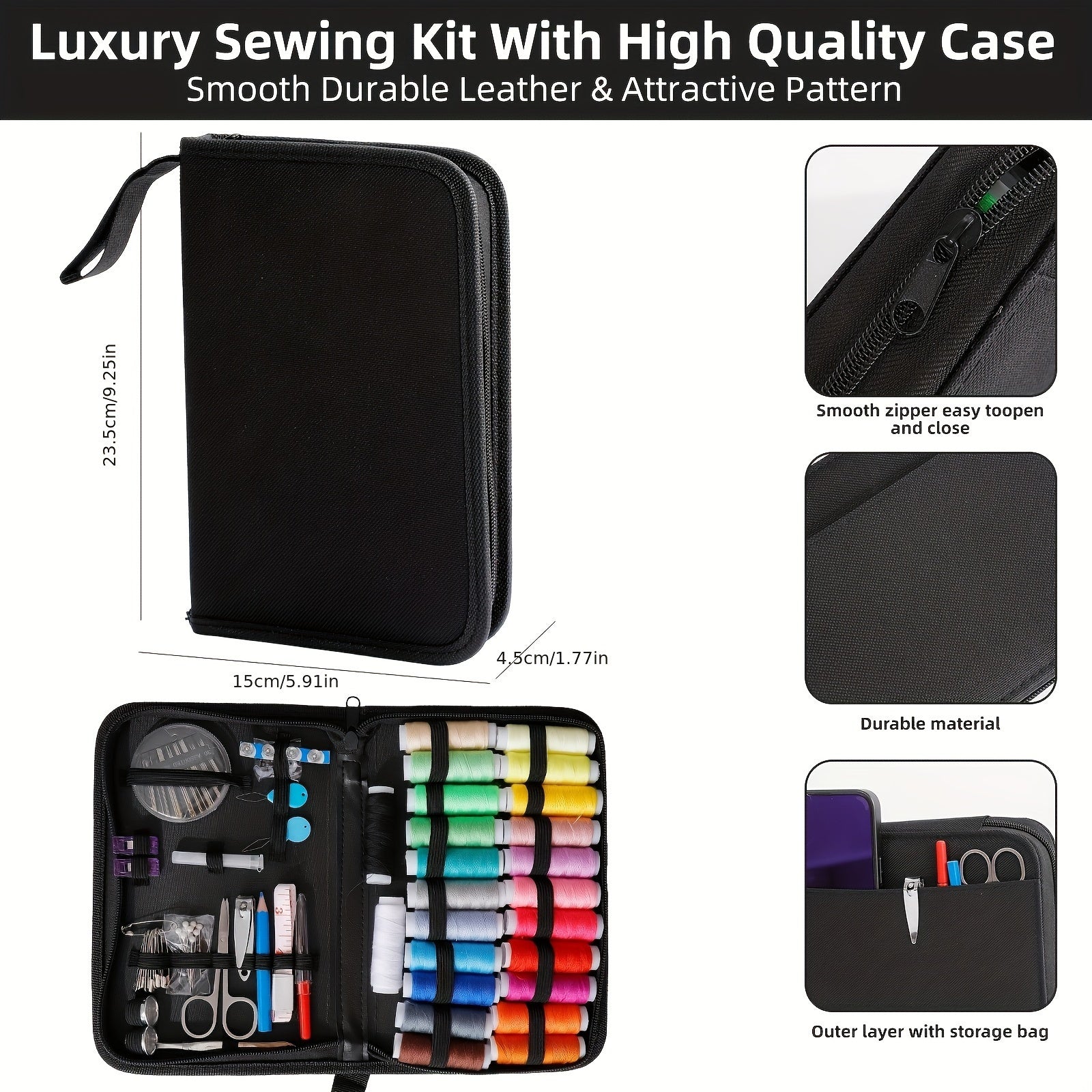 Luxury sewing kit in black leather case for easy repairs