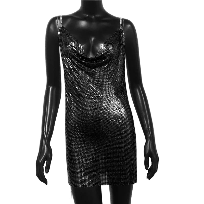 Black shiny sequin sexy backless party dress for women with spaghetti straps on mannequin