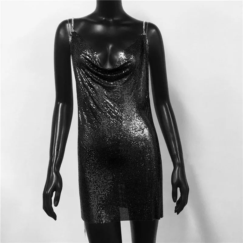 Black shiny sequin sexy backless party dress for women with spaghetti straps on mannequin