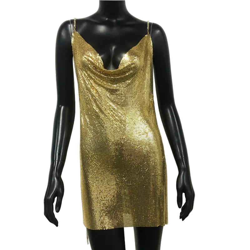 Gold chainmail sexy backless party dress for women with thin straps on mannequin