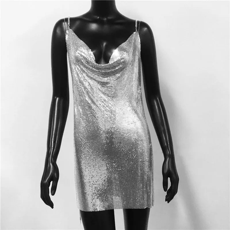 VacationGrabs silver sequin sexy backless party dress for women with spaghetti straps