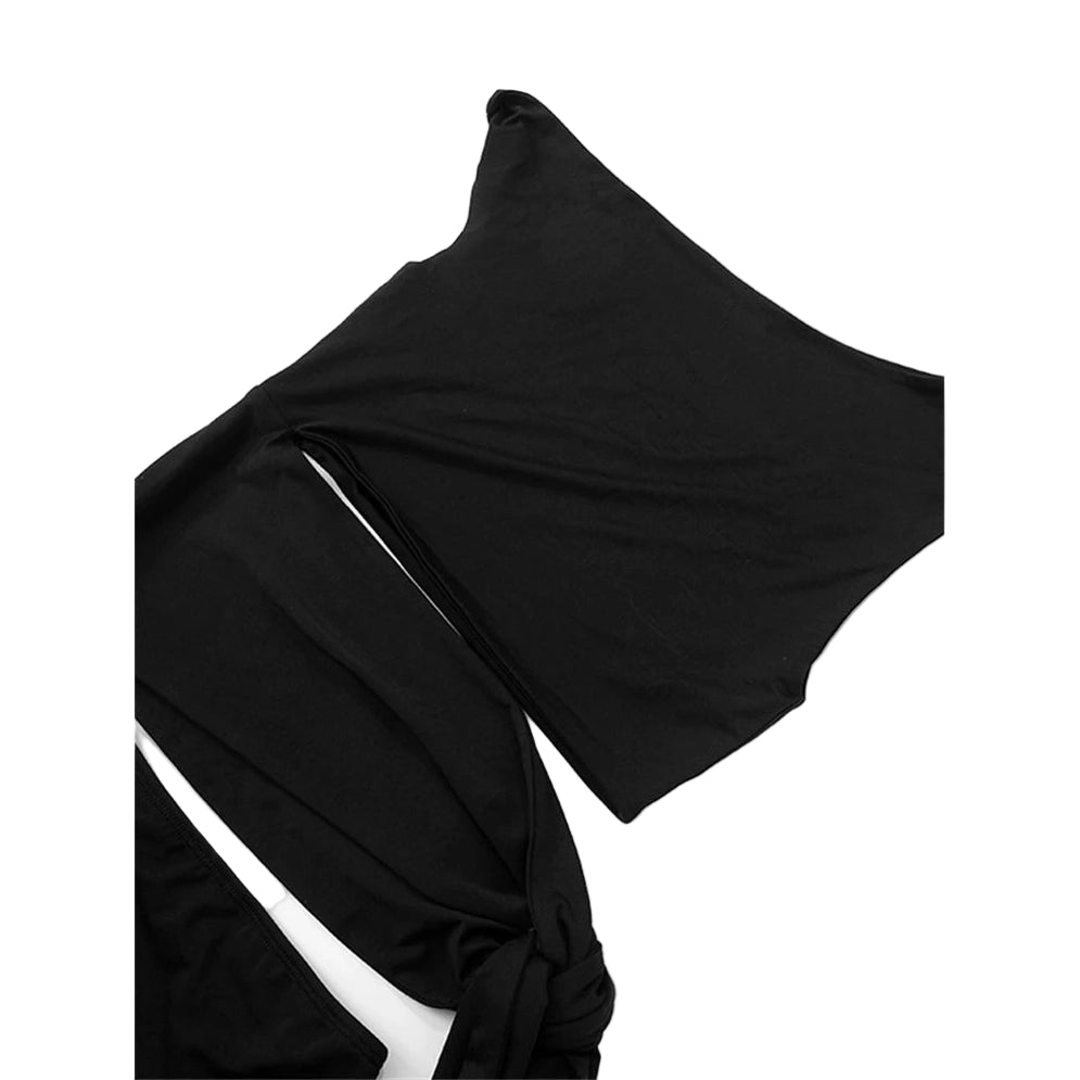 Black sexy bandage wrap party dress by VacationGrabs with long sleeves and side tie detail