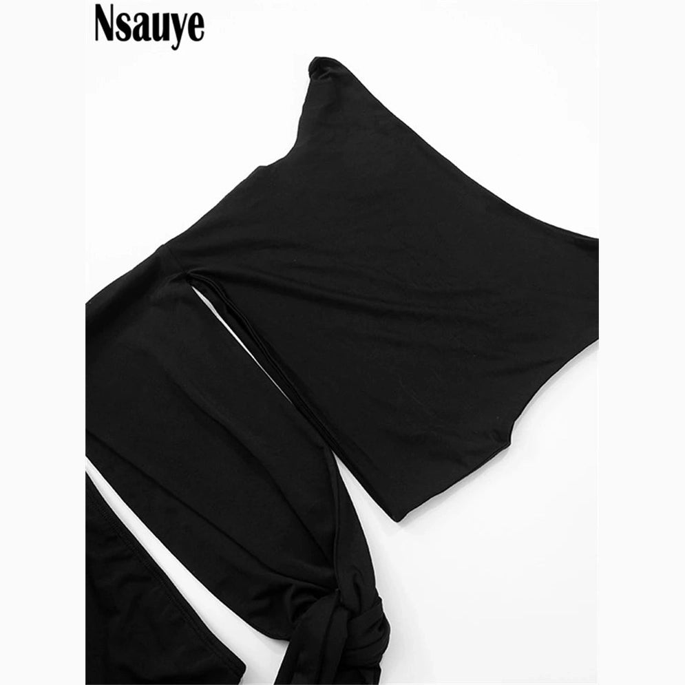 Black sexy bandage wrap party dress by VacationGrabs with long sleeves and side tie detail