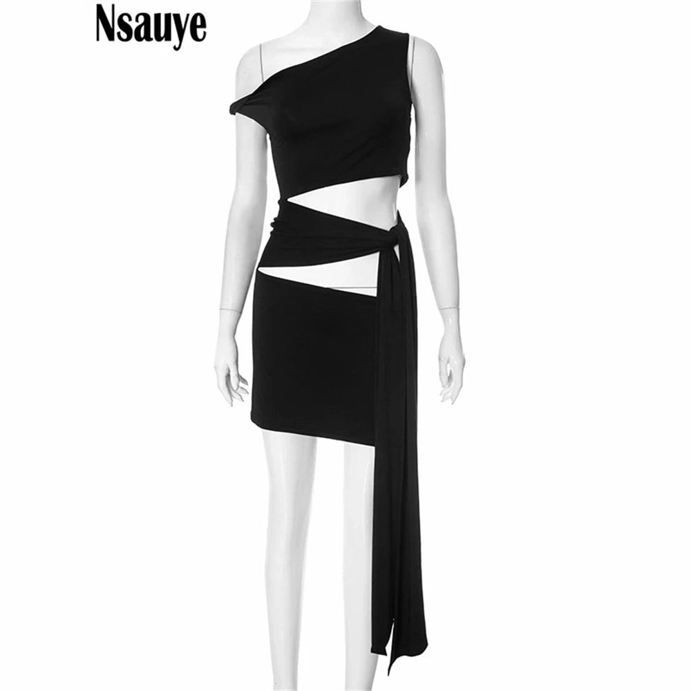 Nsauye black sexy bandage wrap party dress with one shoulder cutouts and long side tie
