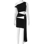 Nsauye black sexy bandage wrap party dress with one shoulder cutouts and long side tie