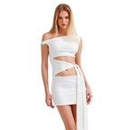 White sexy bandage wrap party dress with off-shoulder design and cutout waist detail