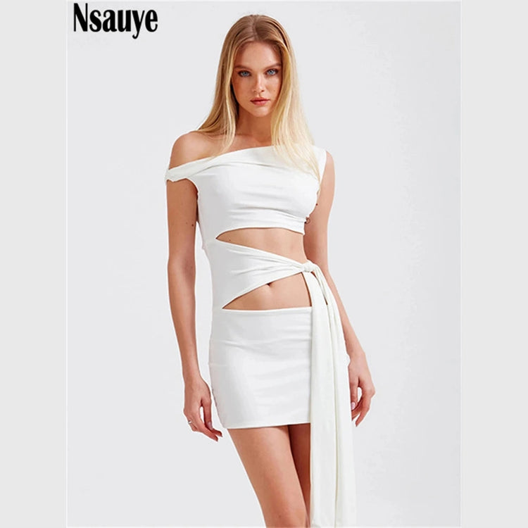 White sexy bandage wrap party dress with off-shoulder design and cutout waist detail