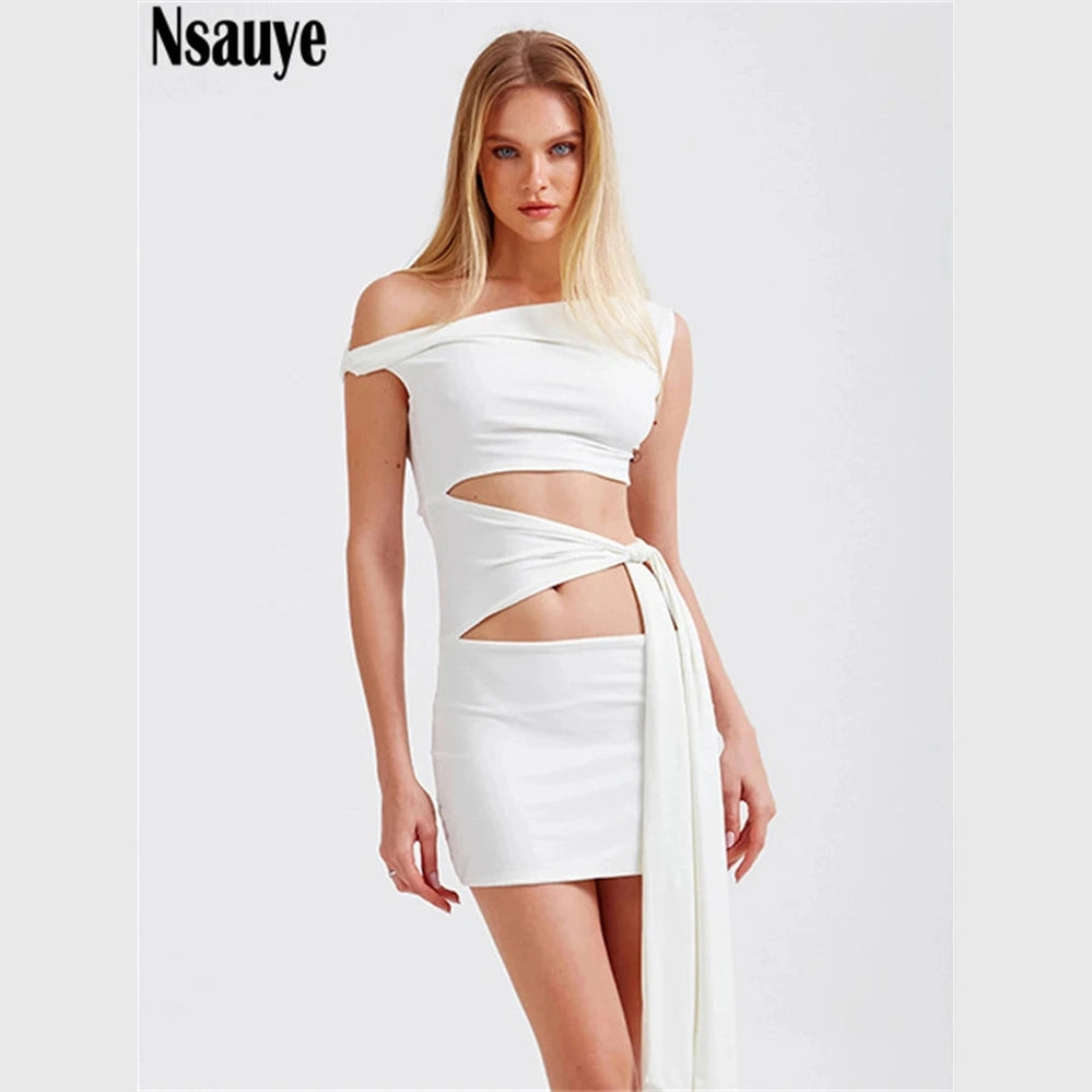 White sexy bandage wrap party dress with off-shoulder design and cutout waist detail