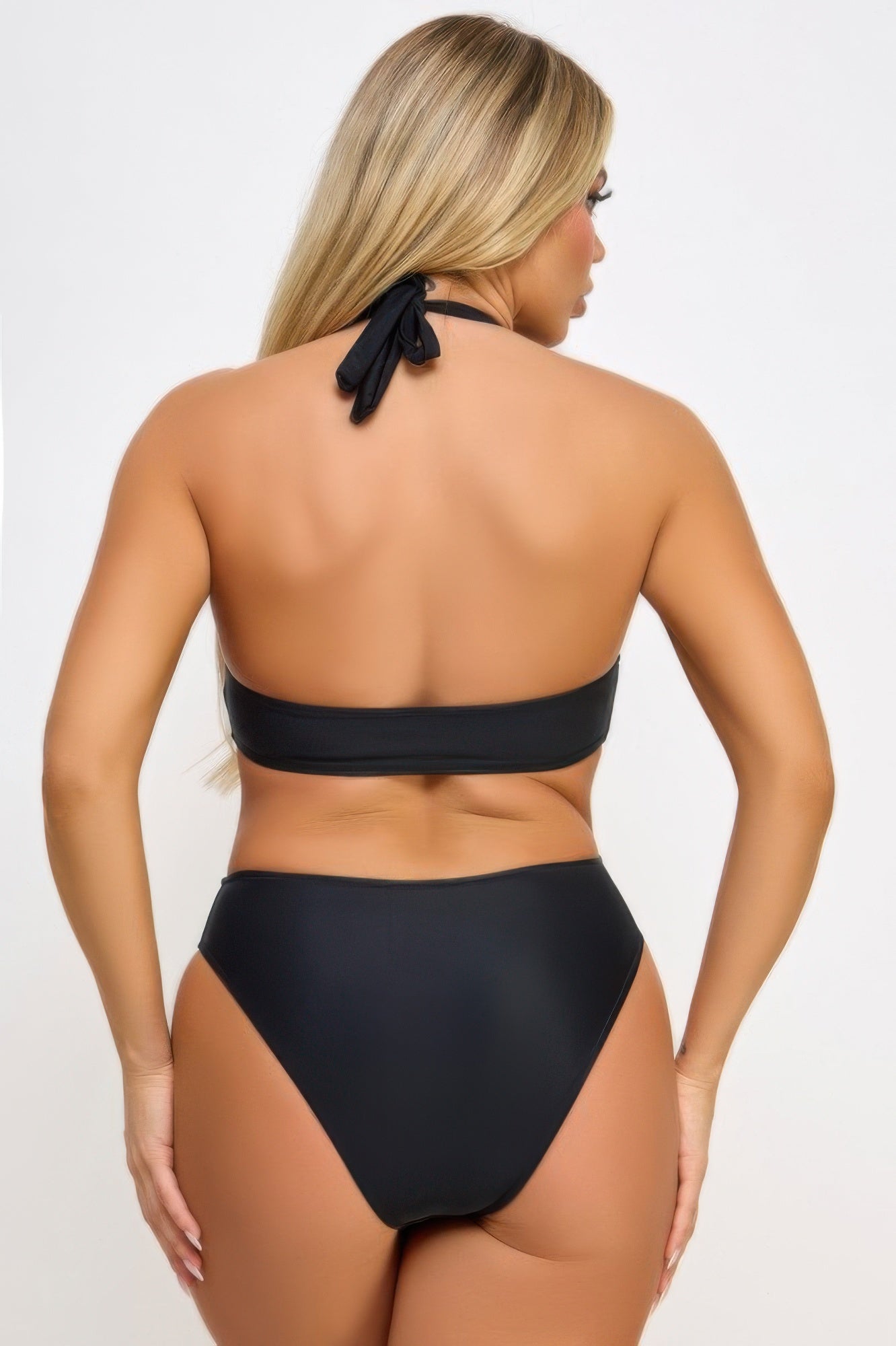 Stylish sexy black bathing suit for women with halter neck and high-waisted design