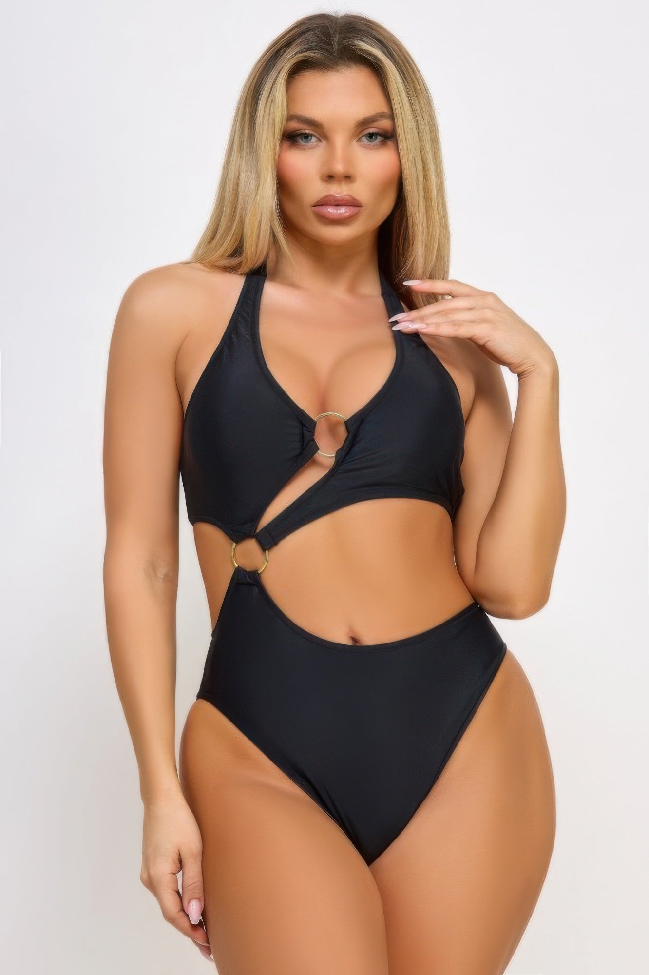 VacationGrabs sexy black bathing suit for women designed with a stylish cutout and halter neck