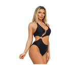Stylish sexy black bathing suit for women with cut-out details and adjustable straps