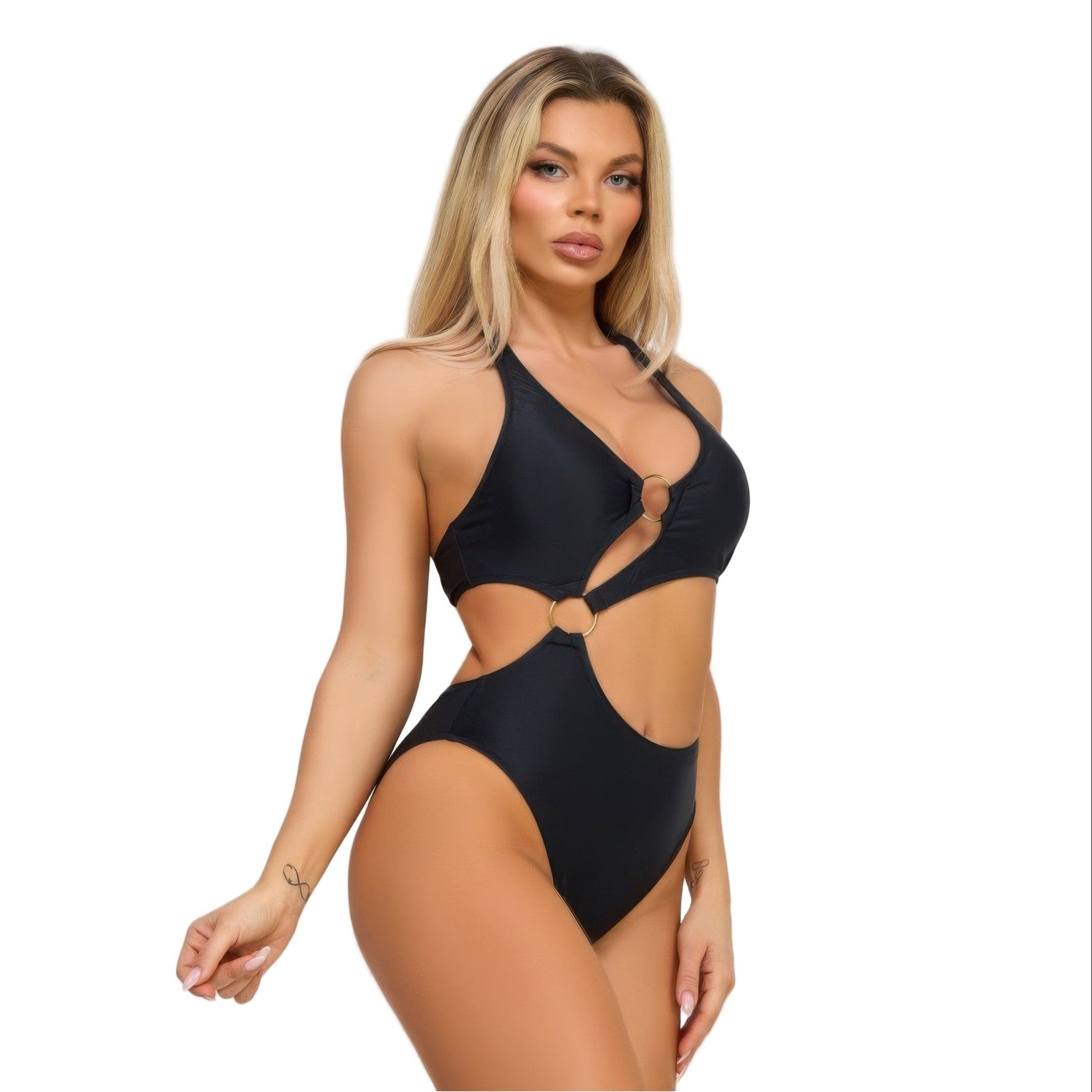 Stylish sexy black bathing suit for women with cut-out details and adjustable straps