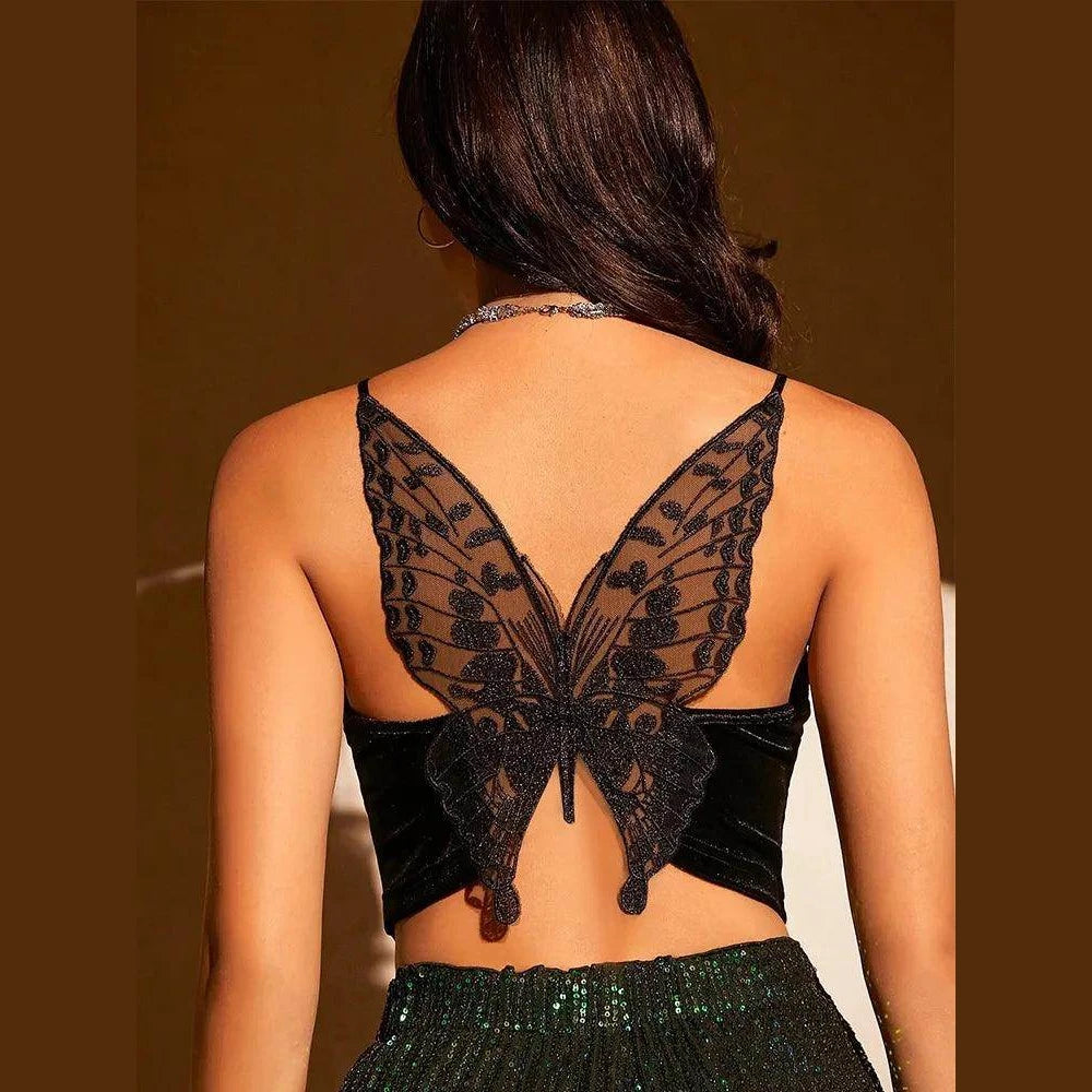 Women's Butterfly Embroidery Mesh Velvet Cami Top - VacationGrabs
