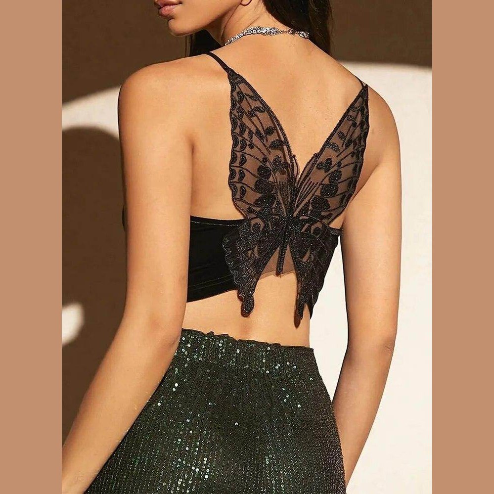 Women's Butterfly Embroidery Mesh Velvet Cami Top - VacationGrabs