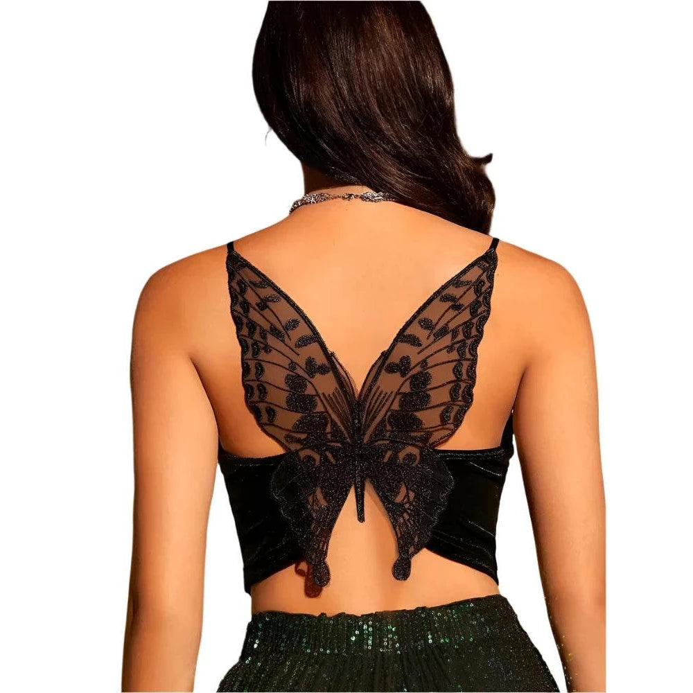 Women's Butterfly Embroidery Mesh Velvet Cami Top - VacationGrabs