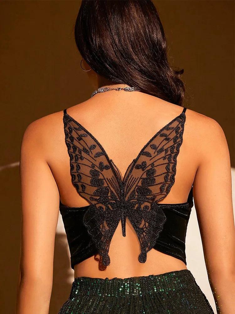 Women's Shirts - Cropped Tops Sexy Butterfly Embroidery Mesh Velvet Cami Top