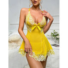 Yellow sexy embroidered lingerie nightgown with white lace trim and adjustable straps