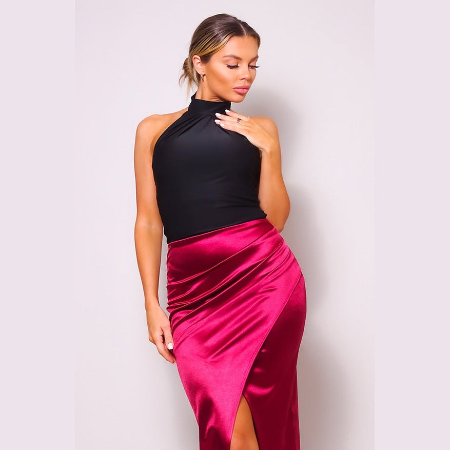 VacationGrabs sexy midi skirt for women in shiny satin fabric with high slit in deep pink