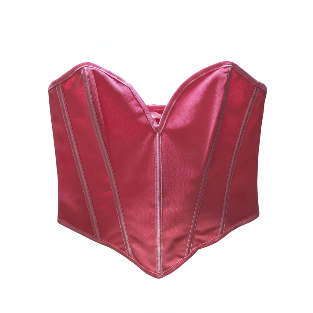 Pink satin corset on a hanger against a white background