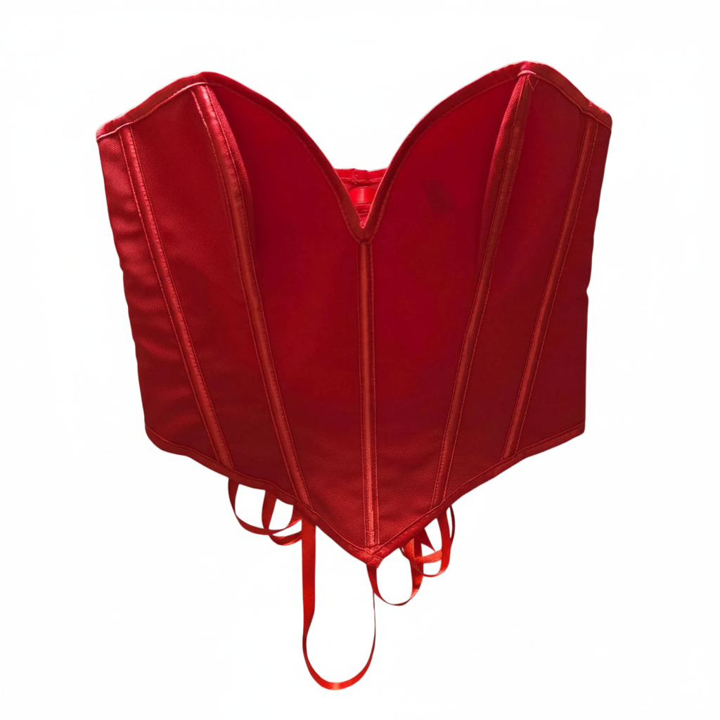 Red corset on a hanger against a white background