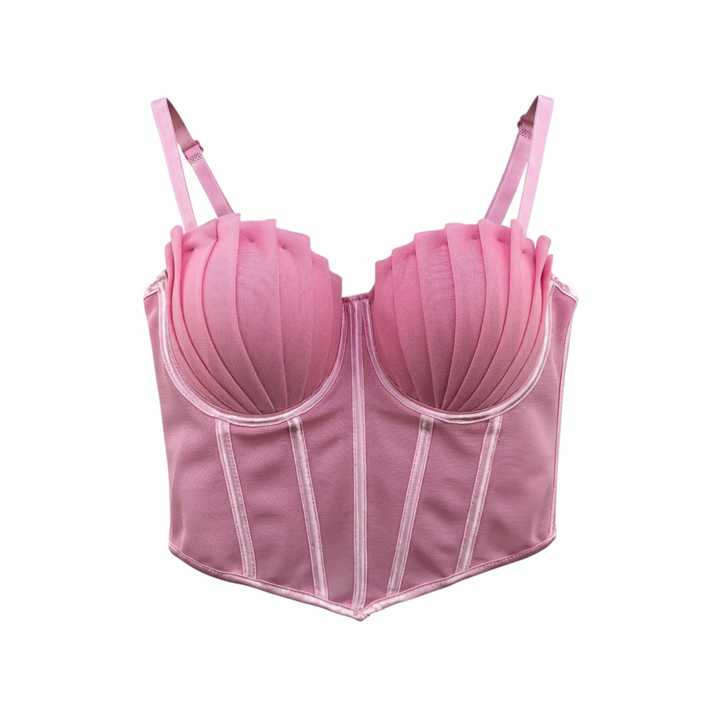 Pink bra on a hanger against a white background