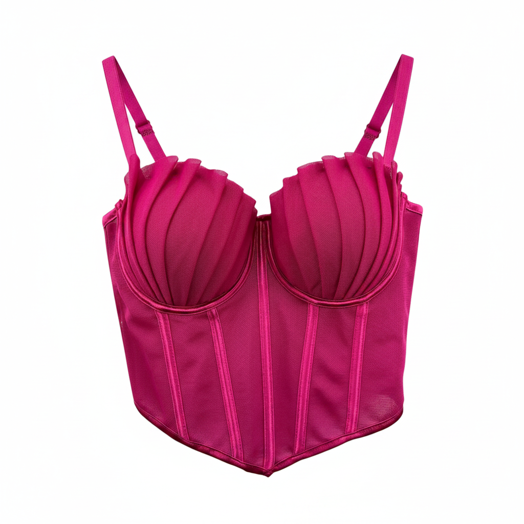 Pink corset top on a gold hanger against a white background