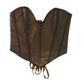Brown leather corset with gold straps on a white background