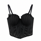Black corset with mesh panels on a white background