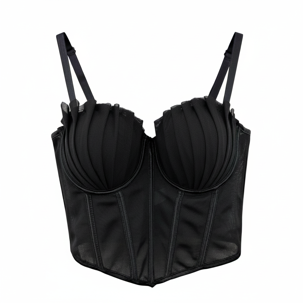 Black corset with mesh panels on a white background