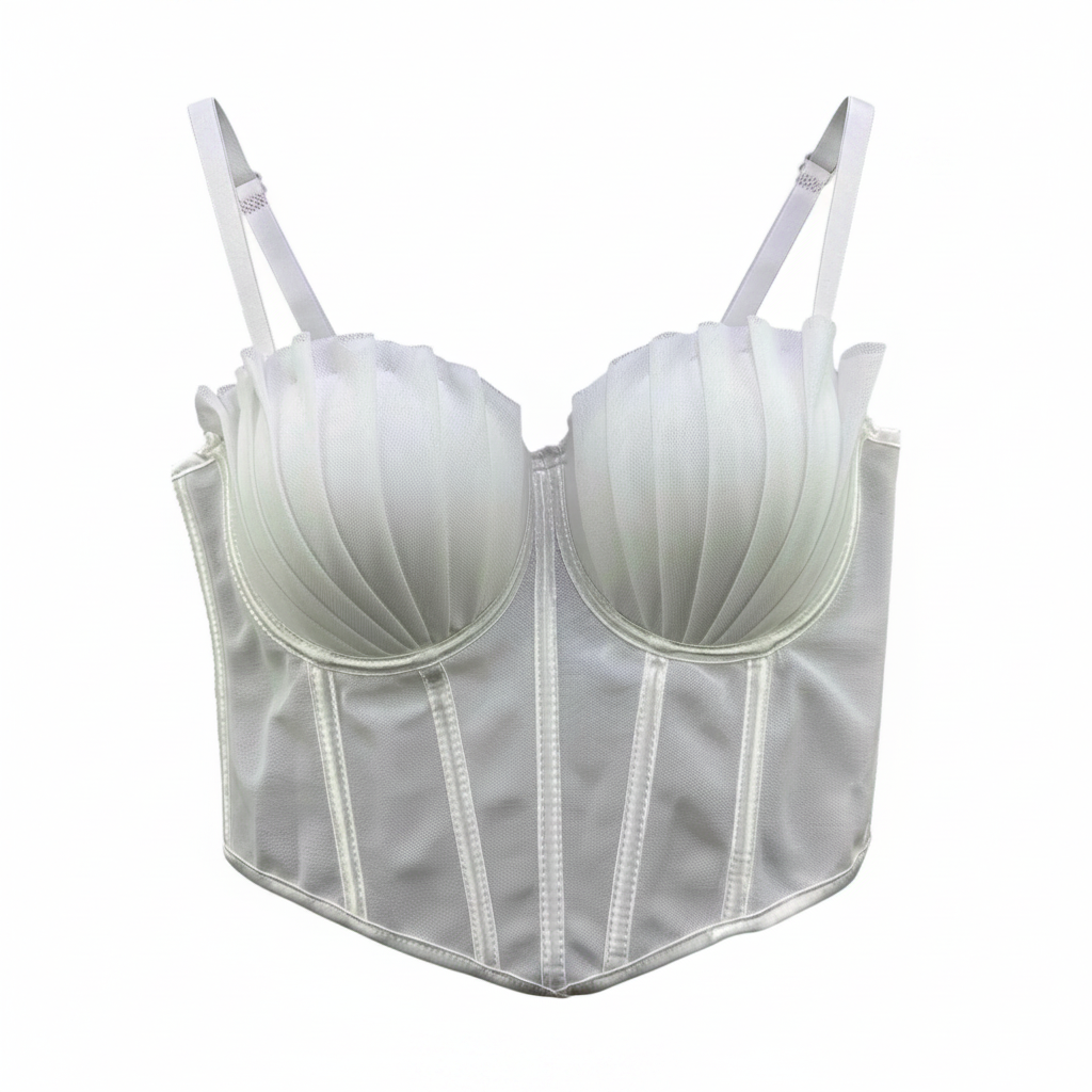 White corset on a hanger against a white background