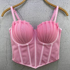 Pink sexy party club bustier top with structured cups and adjustable straps on hanger