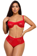 Sexy red bra and panty set featuring delicate lace and a flattering high-waisted design for women