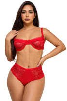 Sexy red bra and panty set featuring delicate lace and a flattering high-waisted design for women