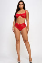 Sexy red bra and panty set featuring lace detailing for an alluring look.